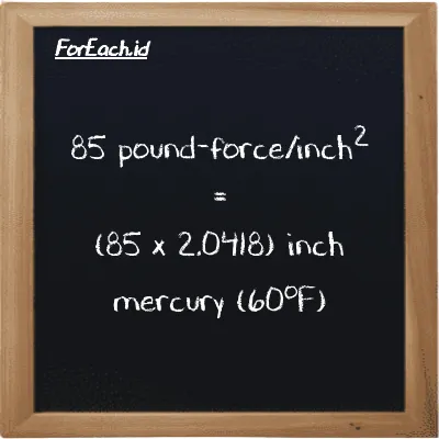 How to convert pound-force/inch<sup>2</sup> to inch mercury (60<sup>o</sup>F): 85 pound-force/inch<sup>2</sup> (lbf/in<sup>2</sup>) is equivalent to 85 times 2.0418 inch mercury (60<sup>o</sup>F) (inHg)